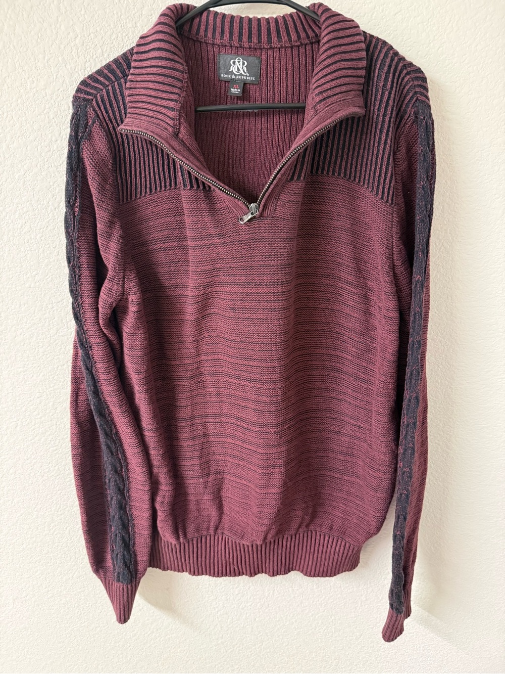 Rock & Republic Men's Crewneck Sweater in Wine and Black Ribbing